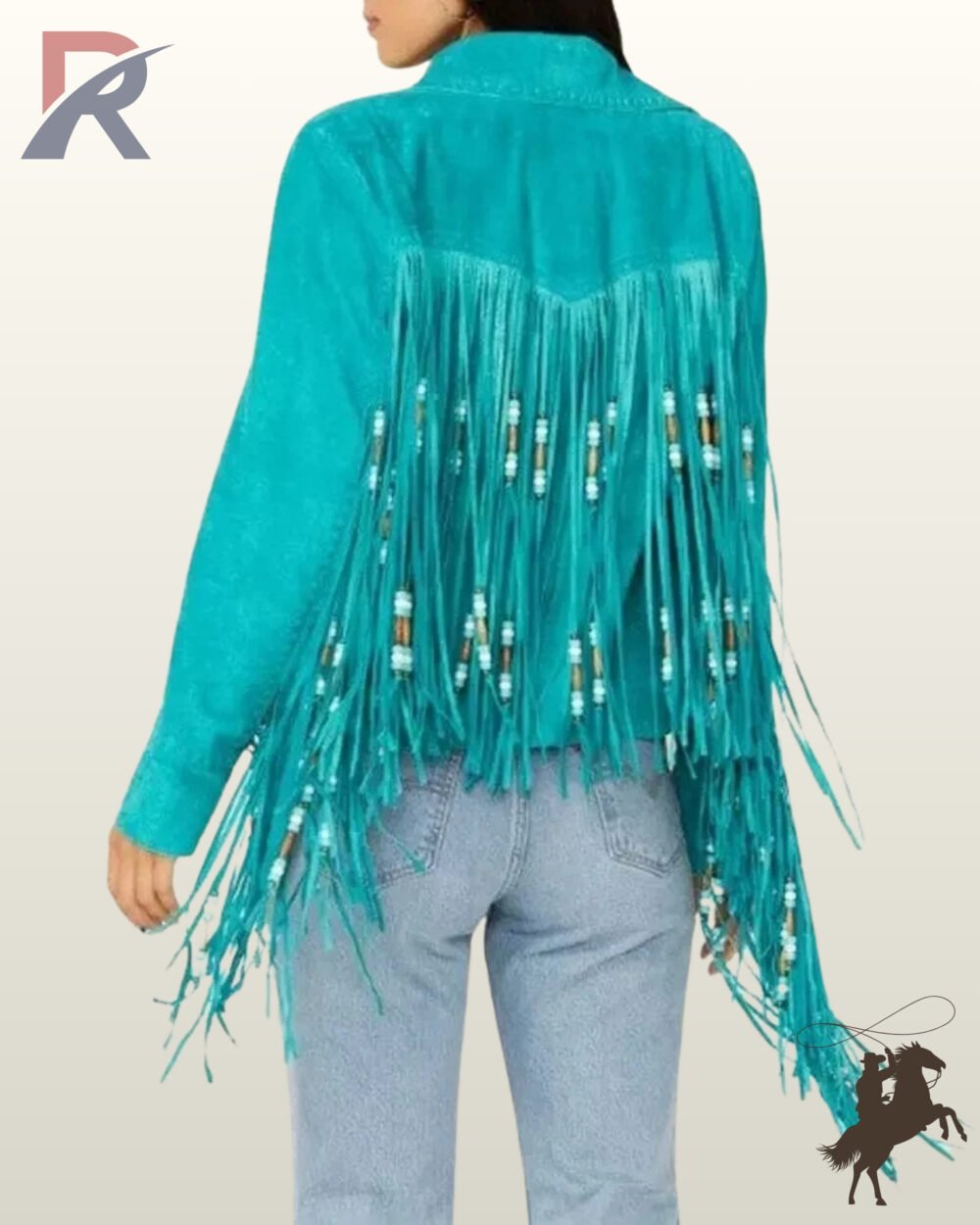 Rear view of a model wearing a women's turquoise suede western jacket featuring a V-shaped fringed back yoke with bone bead accents.