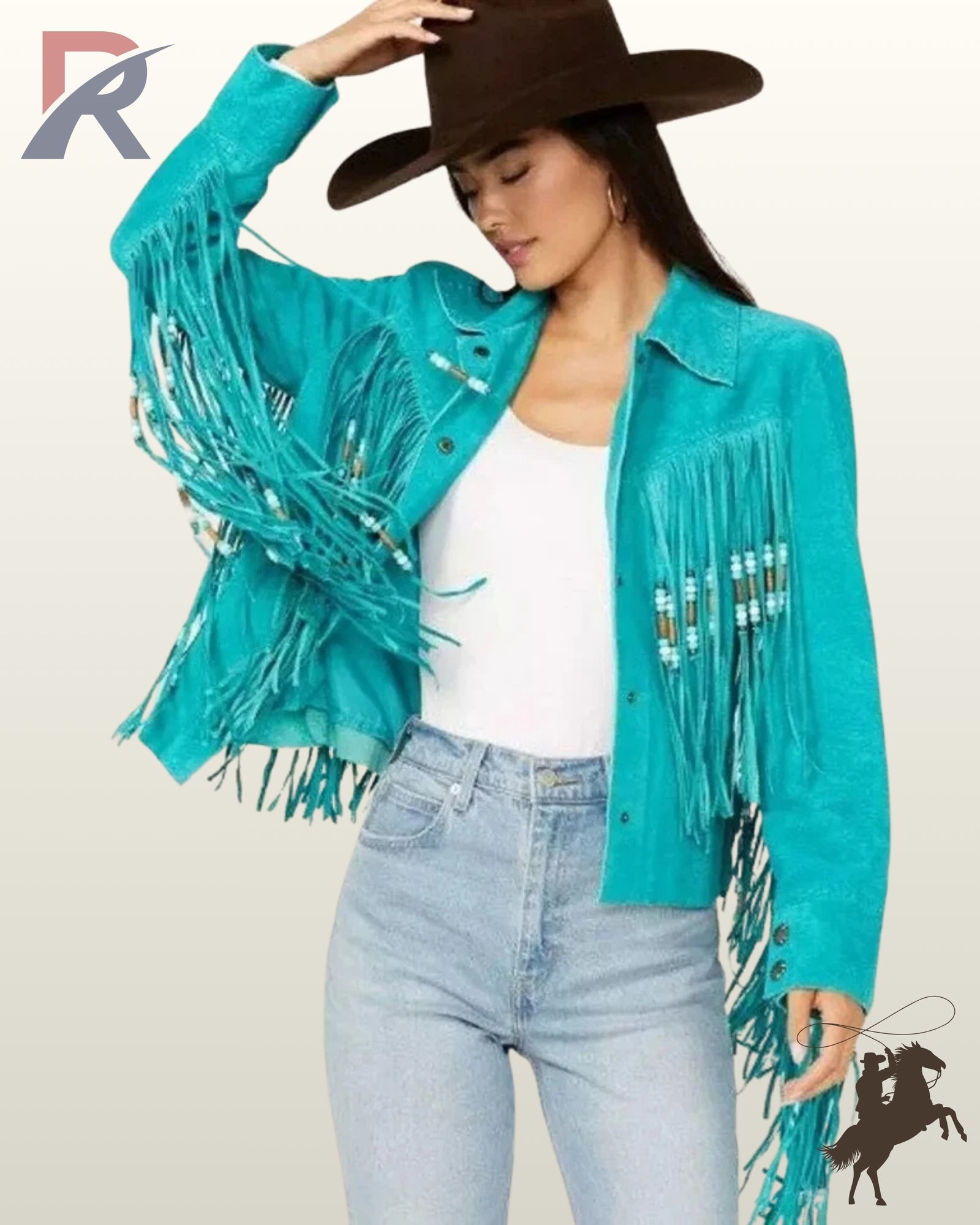 Front view of a model wearing a women's turquoise suede western jacket with bone-beaded fringe, styled with a brown cowboy hat and light jeans.