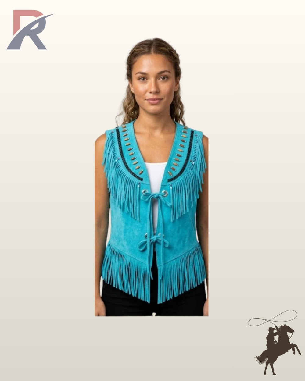 Front view of a model wearing a bright turquoise blue suede western fringe vest featuring grommet tie-front ties, bone hairpipe trim, and chest fringe.