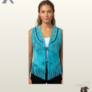 Front view of a model wearing a bright turquoise blue suede western fringe vest featuring grommet tie-front ties, bone hairpipe trim, and chest fringe.