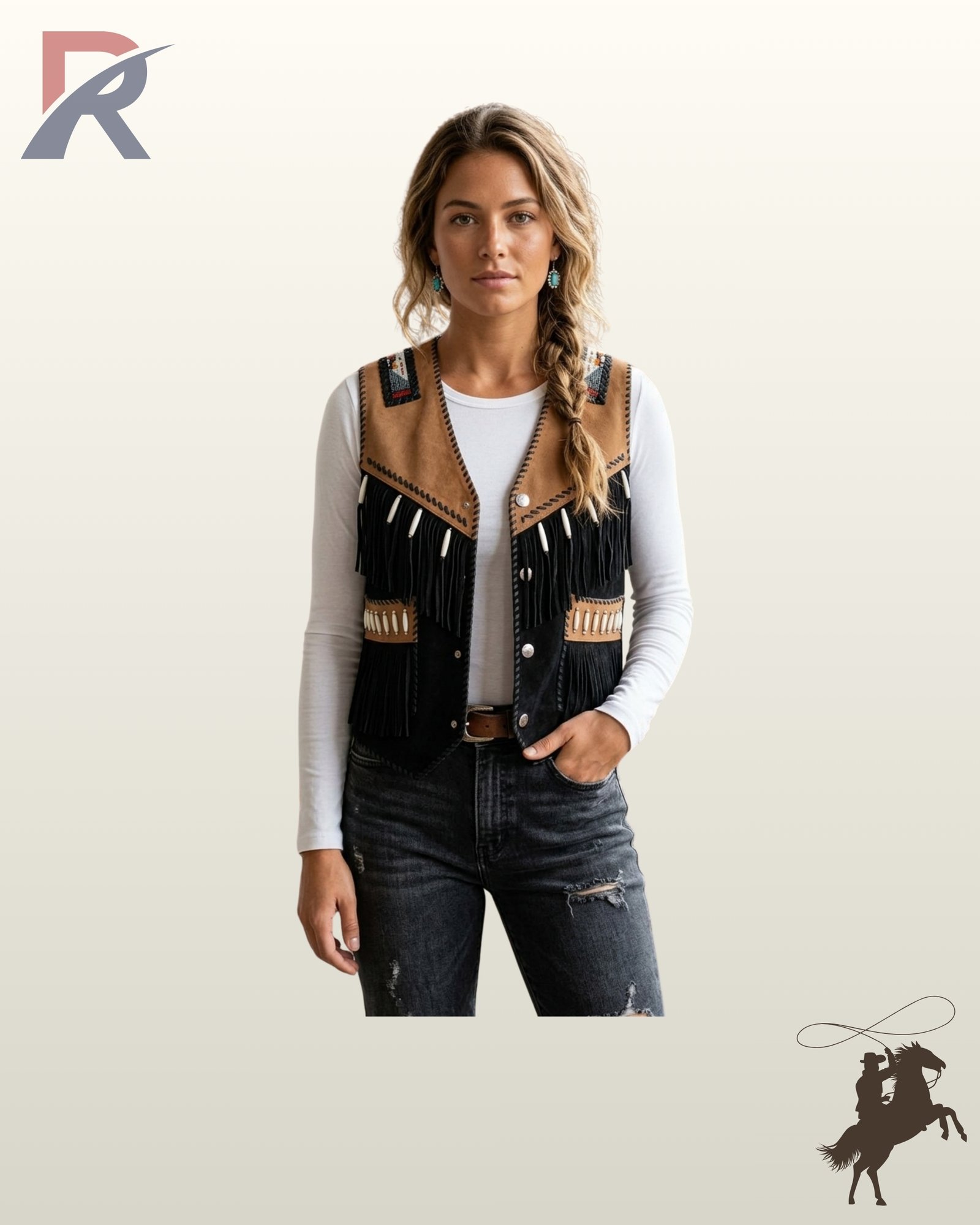Front view of a model wearing a two-tone tan and black suede western fringe vest featuring whipstitched tan lapels, bone pipe accents, and beaded shoulder patches.