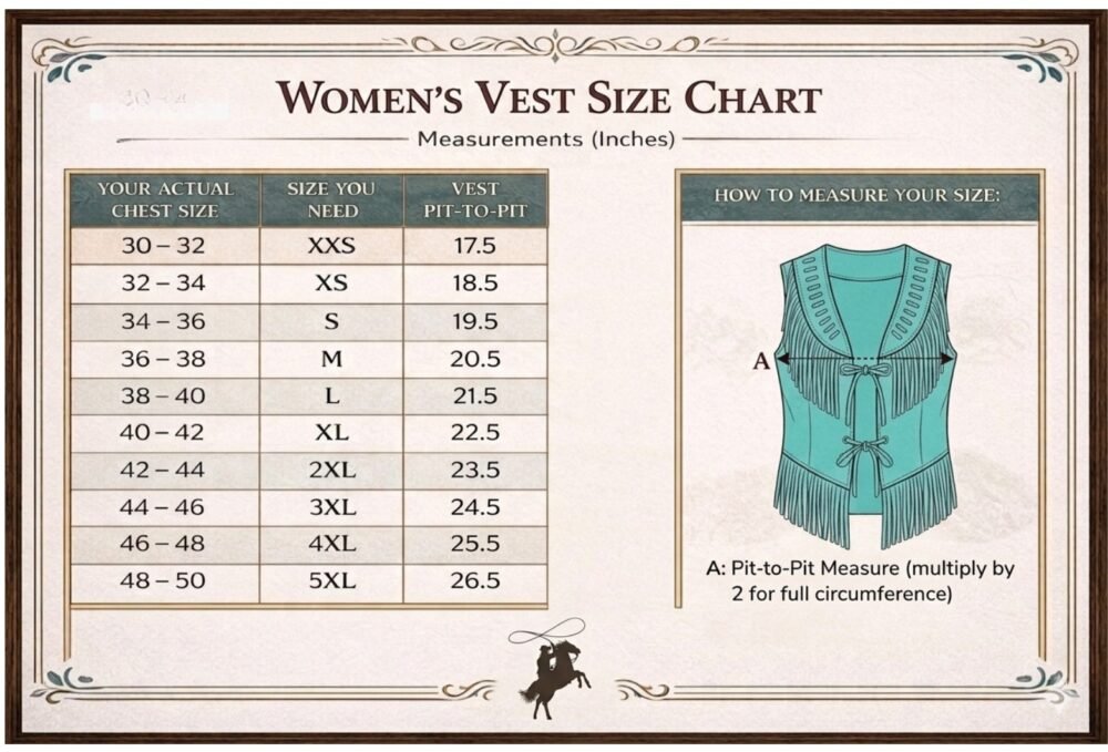 Women's vest size chart graphic detailing actual chest size ranges from XXS to 5XL alongside corresponding vest pit-to-pit measurements in inches.