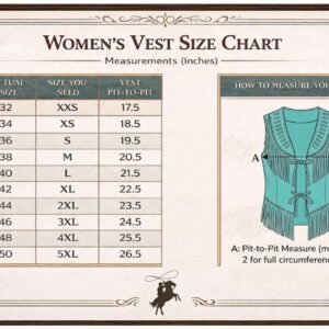 Women's vest size chart graphic detailing actual chest size ranges from XXS to 5XL alongside corresponding vest pit-to-pit measurements in inches.