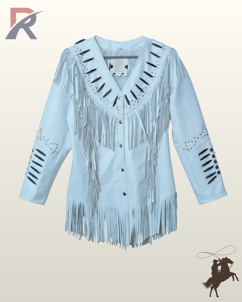 Front view of a white suede western jacket featuring a V-shaped chest yoke, black bone pipe beads, silver stud embellishments, button closures, and hem fringe.