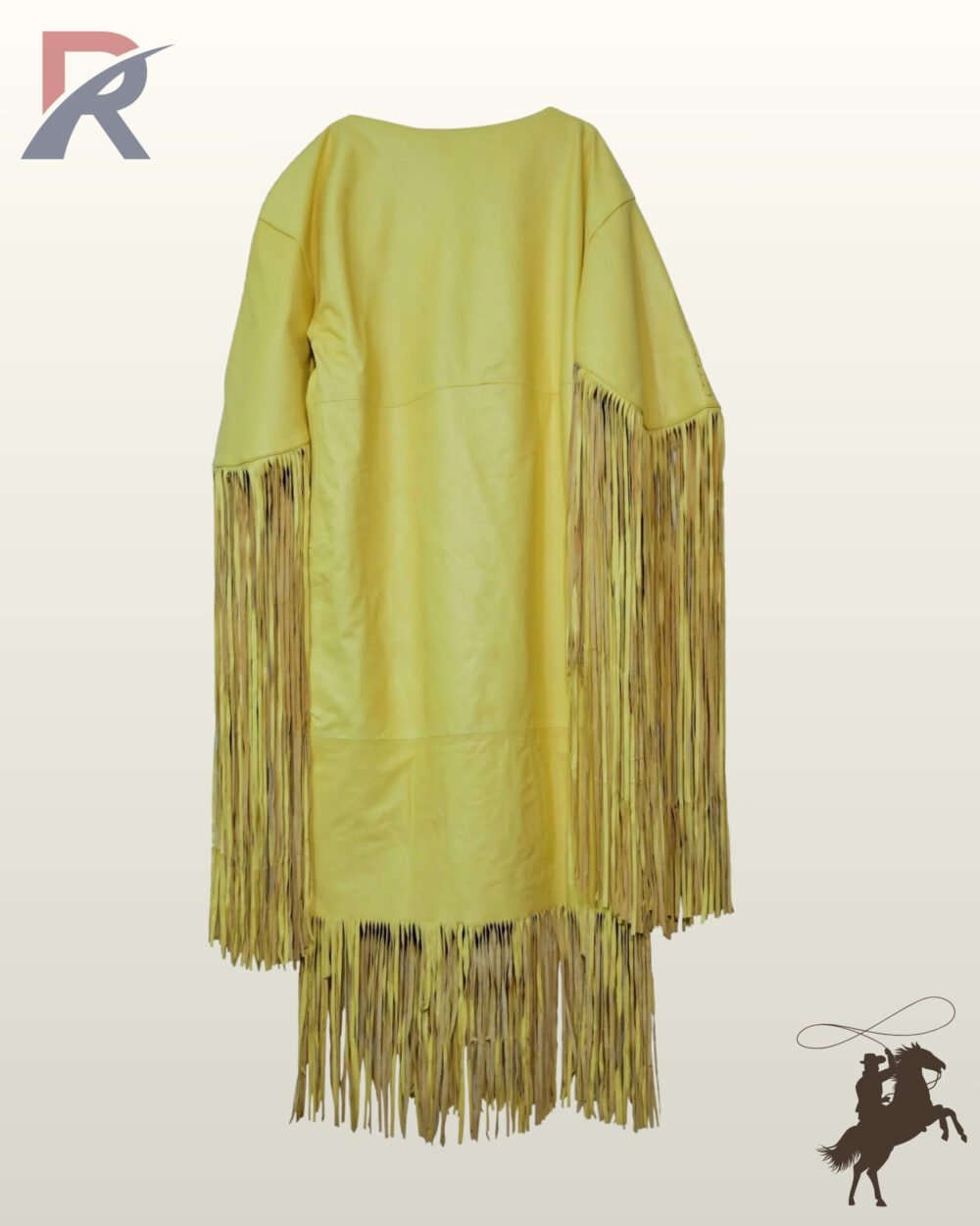 Back profile of a bright yellow suede Native American style cowgirl coat with full-length sleeve tassels and bottom hem fringe.