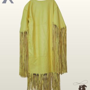Back profile of a bright yellow suede Native American style cowgirl coat with full-length sleeve tassels and bottom hem fringe.