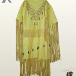 Front view flat lay of a women's bright yellow suede Native American style duster dress featuring blue, black, and white beaded fringe strands.