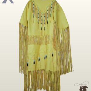 Front view flat lay of a women's bright yellow suede Native American style duster dress featuring blue, black, and white beaded fringe strands.