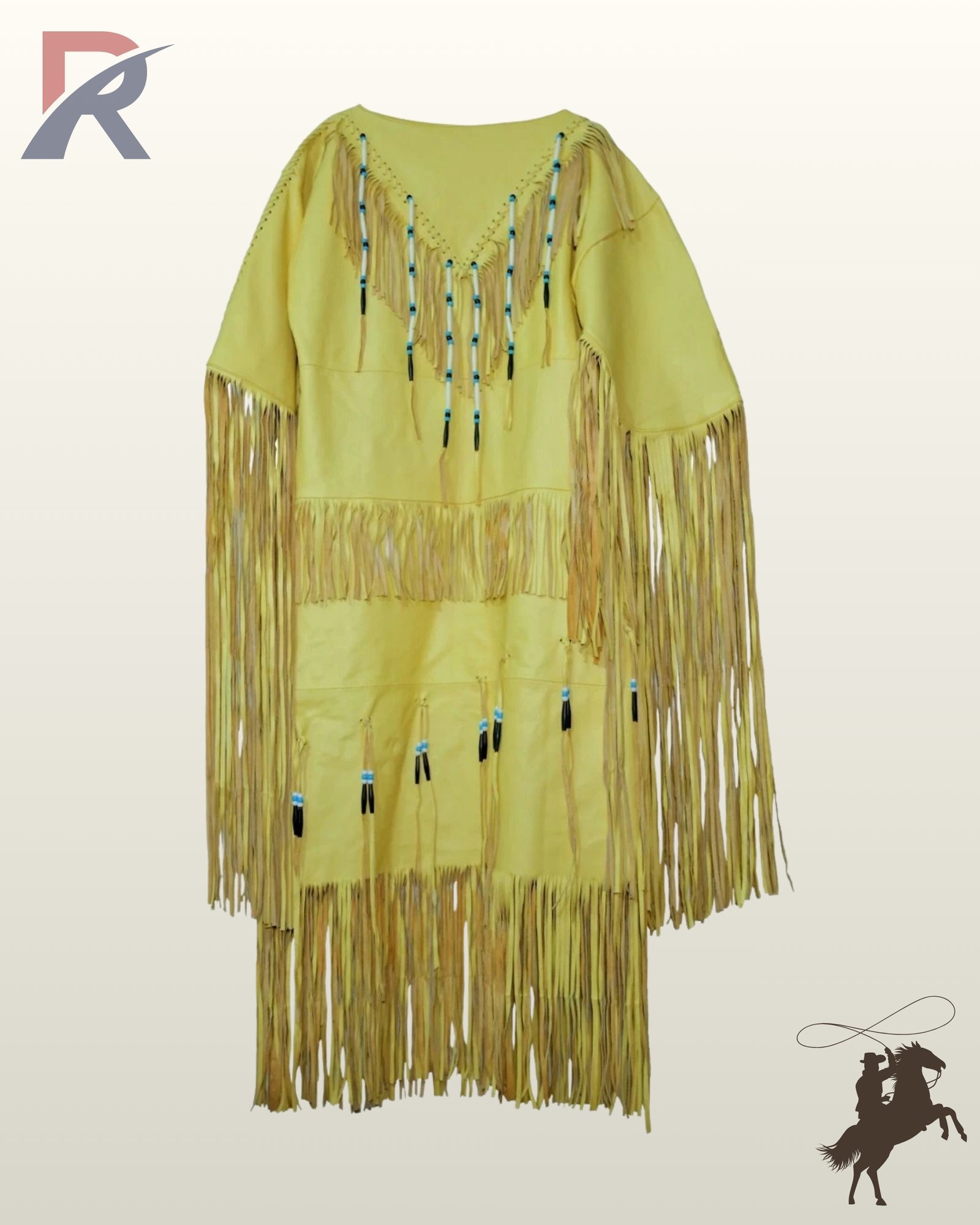 Front view flat lay of a women's bright yellow suede Native American style duster dress featuring blue, black, and white beaded fringe strands.