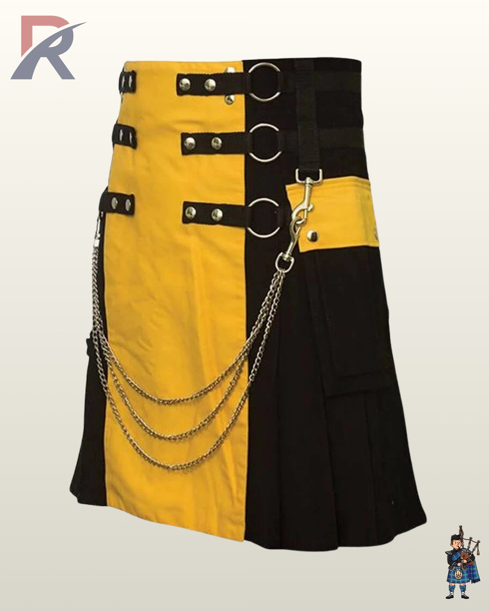 Men's alternative fashion kilt showing black pleated sides, a yellow front panel, and triple silver chains clipped across the front.