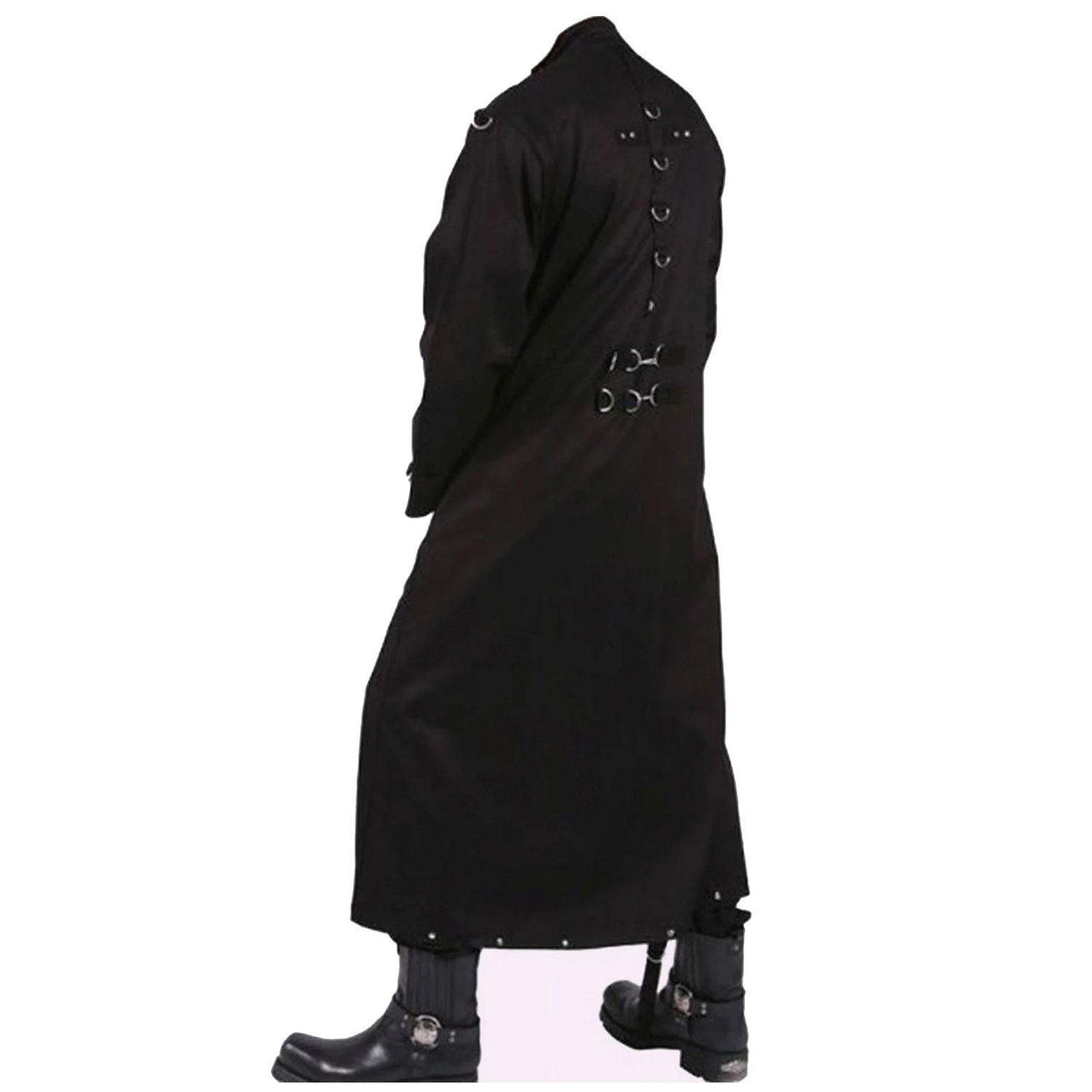 Men's Gothic Cyberpunk Long Trench Coat – Black D-Ring Rivet Zip-Up Overcoat - Image 2
