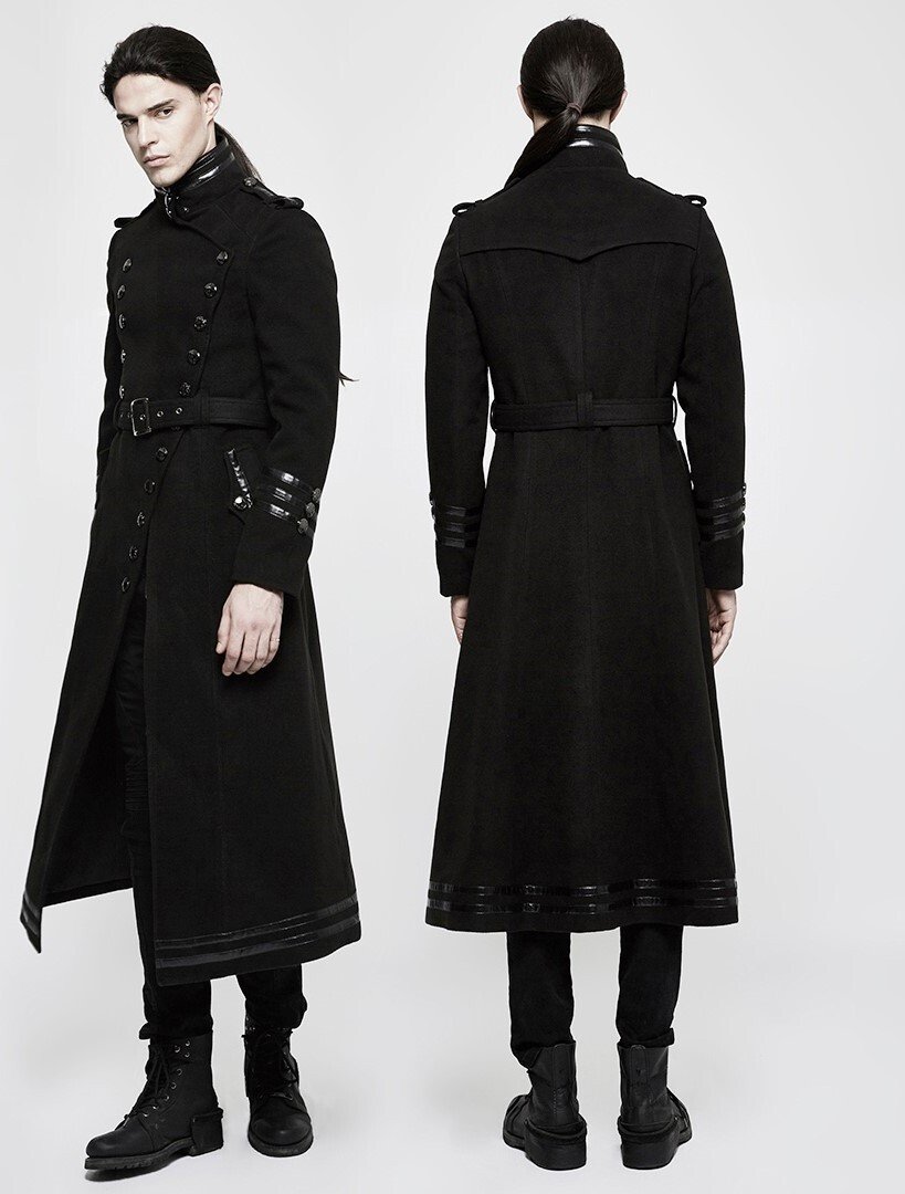 Men's Gothic Military Trench Coat Steampunk Long Black Wool Hellraiser Jacket - Image 2