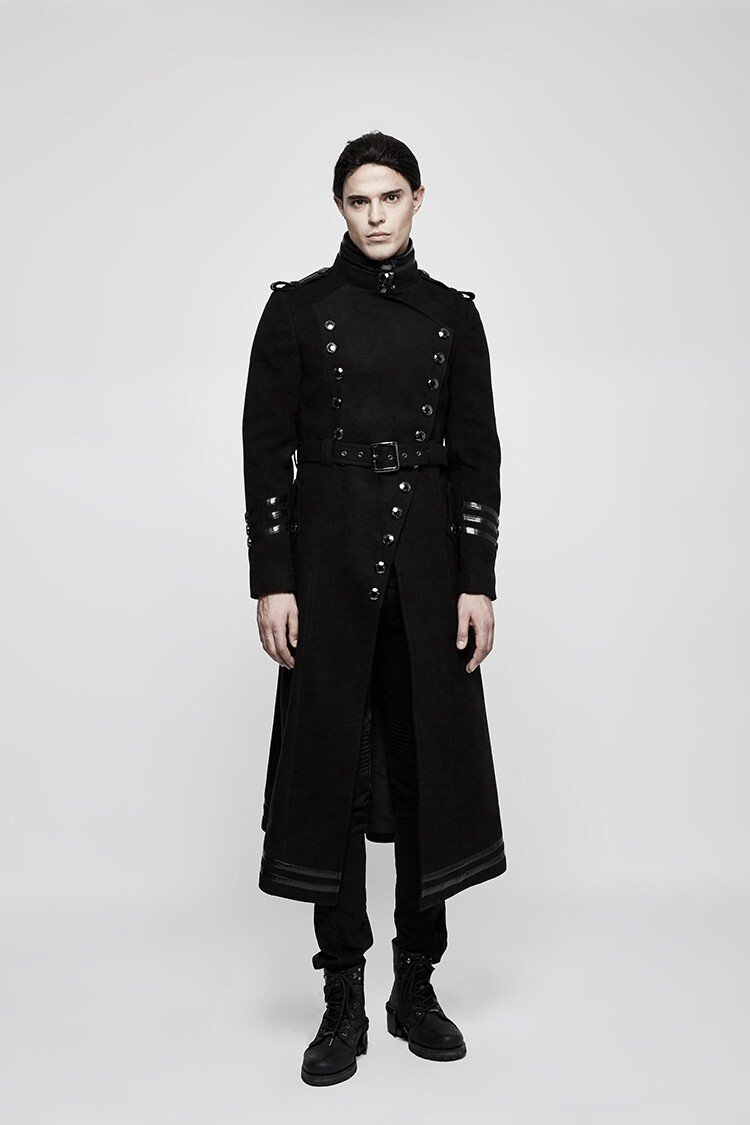 Men's Gothic Military Trench Coat Steampunk Long Black Wool Hellraiser Jacket - Image 4