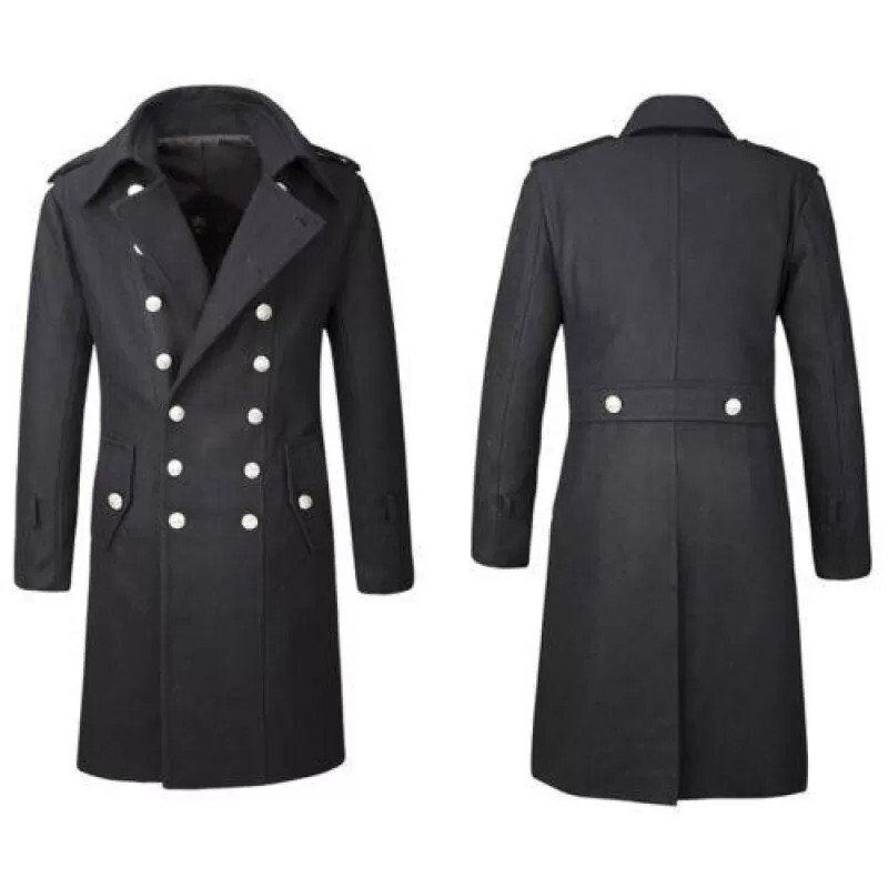 Men Gothic Black Military Overcoat Woolen Pea Coat Trench Coat Styles