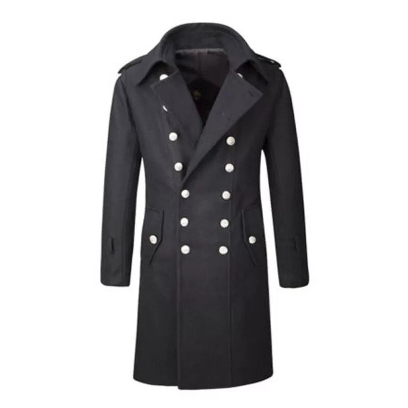 Men Gothic Black Military Overcoat Woolen Pea Coat Trench Coat Styles - Image 2