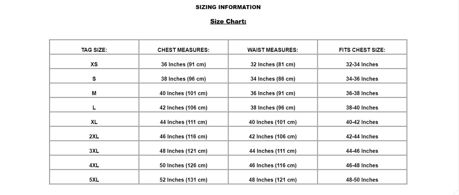 Men’s Gothic military jacket size chart XS to 5XL with chest and waist measurements in inches and centimeters for choosing the correct fit.