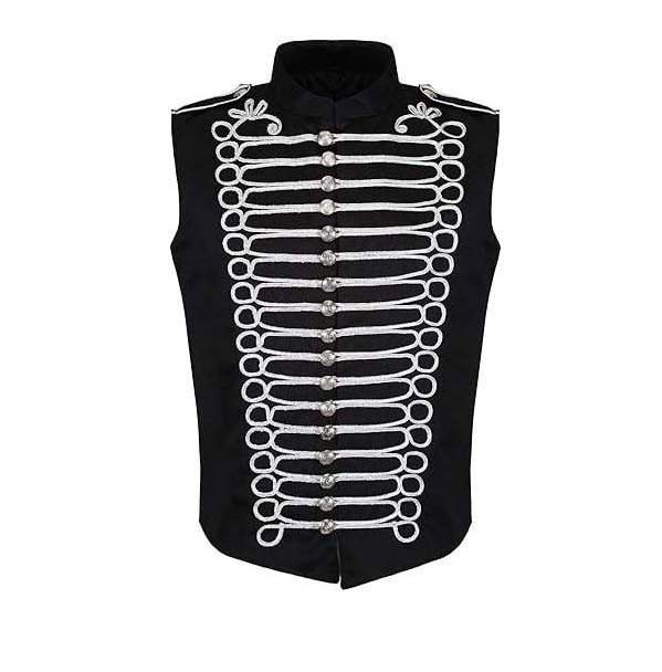 Men's Black Military Parade Vest Silver Braided Gothic Steampunk Waistcoat