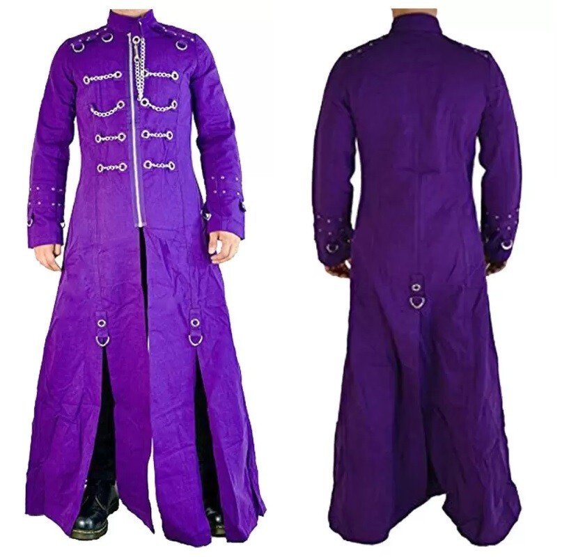 Men's Gothic Industrial Vampire Purple Jacket, Hellraiser Bondage Trench Coat
