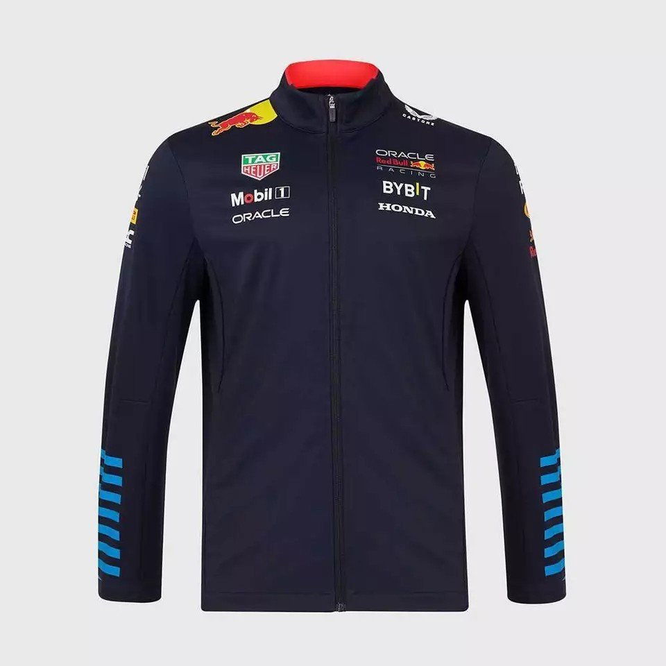 Navy Racing-Inspired Softshell Jacket Full-Zip Motorsport Team Style