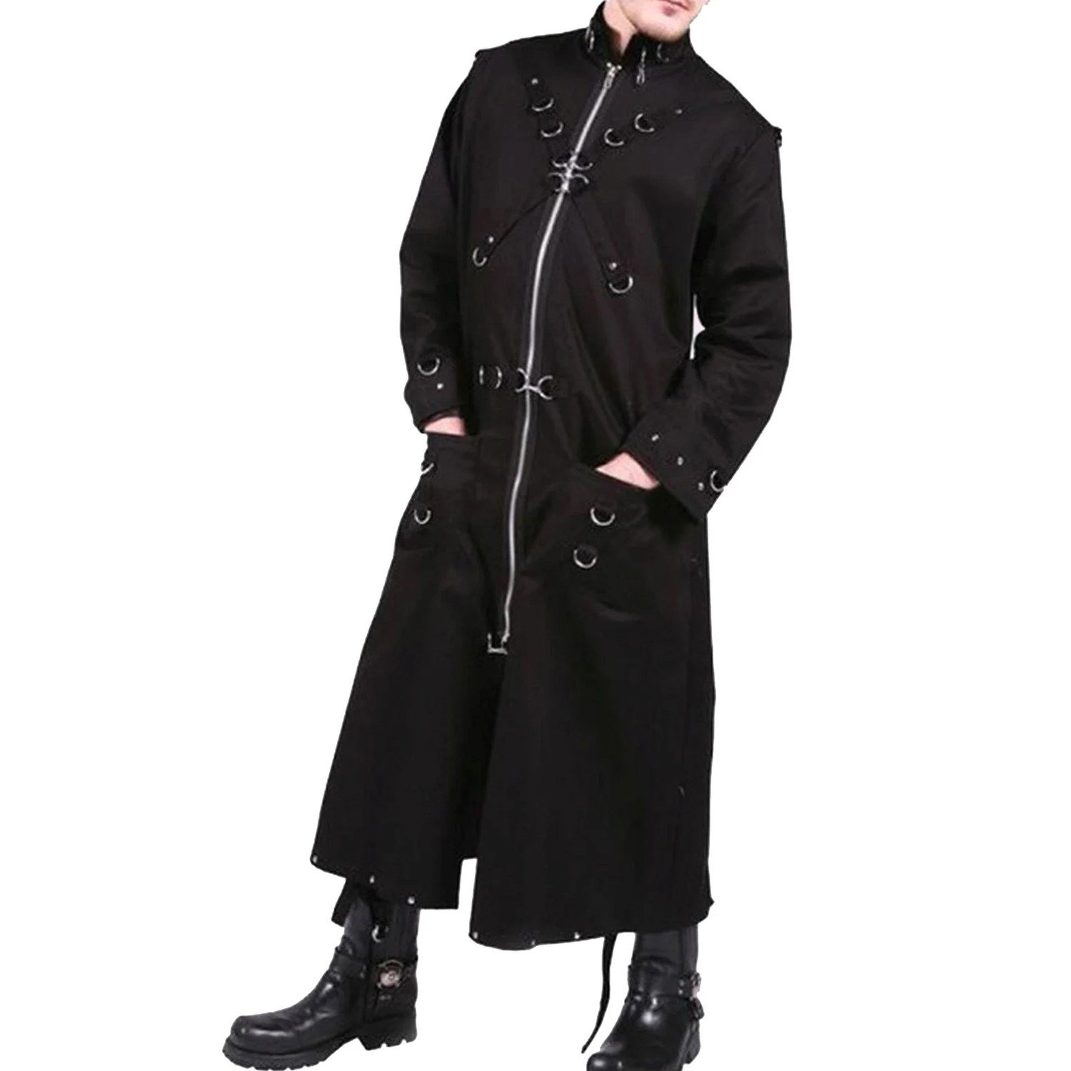 Men's Gothic Cyberpunk Long Trench Coat – Black D-Ring Rivet Zip-Up Overcoat