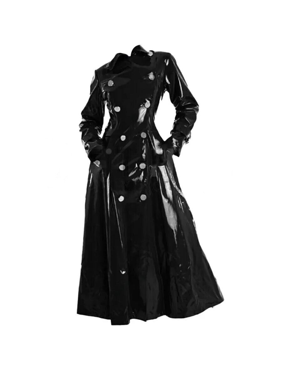 Women’s Glossy Black PVC Trench Coat Long Wet Look Vinyl Jacket Double Breasted - Image 2