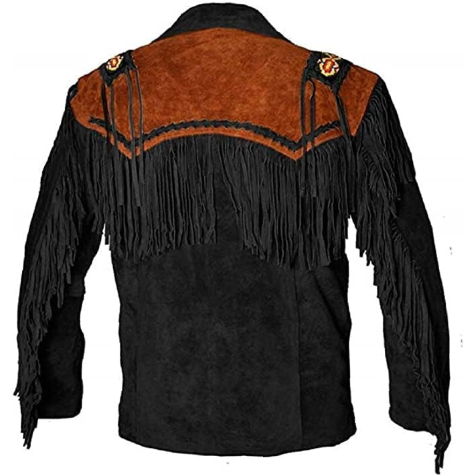 New Black Western Suede Leather Jacket Native American Cowboy Fringes & Beads - Image 2