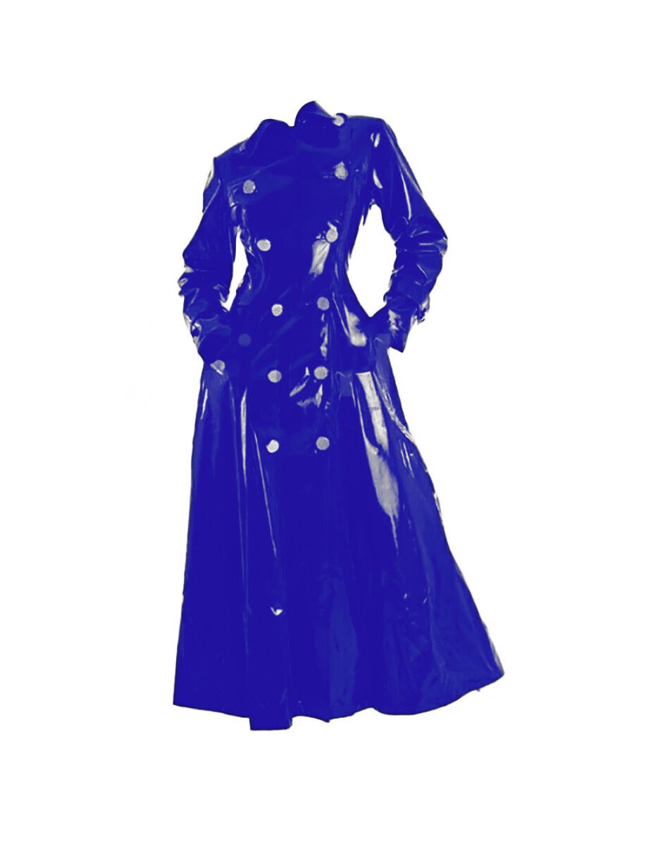 Women’s Blue Glossy PVC Trench Coat Long Wet Look Vinyl Jacket Double Breasted - Image 2