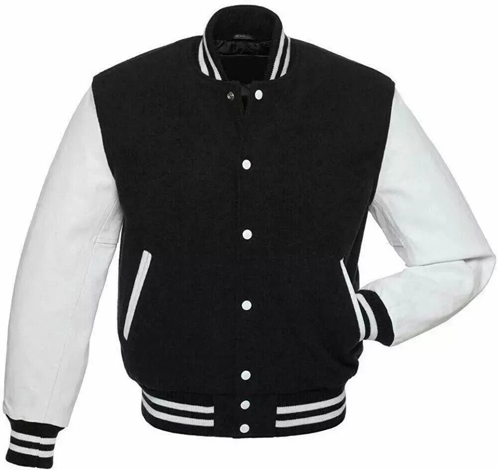 Men Varsity Letterman Jacket Black/White Wool Blend Baseball Bomber Retro Style - Image 5