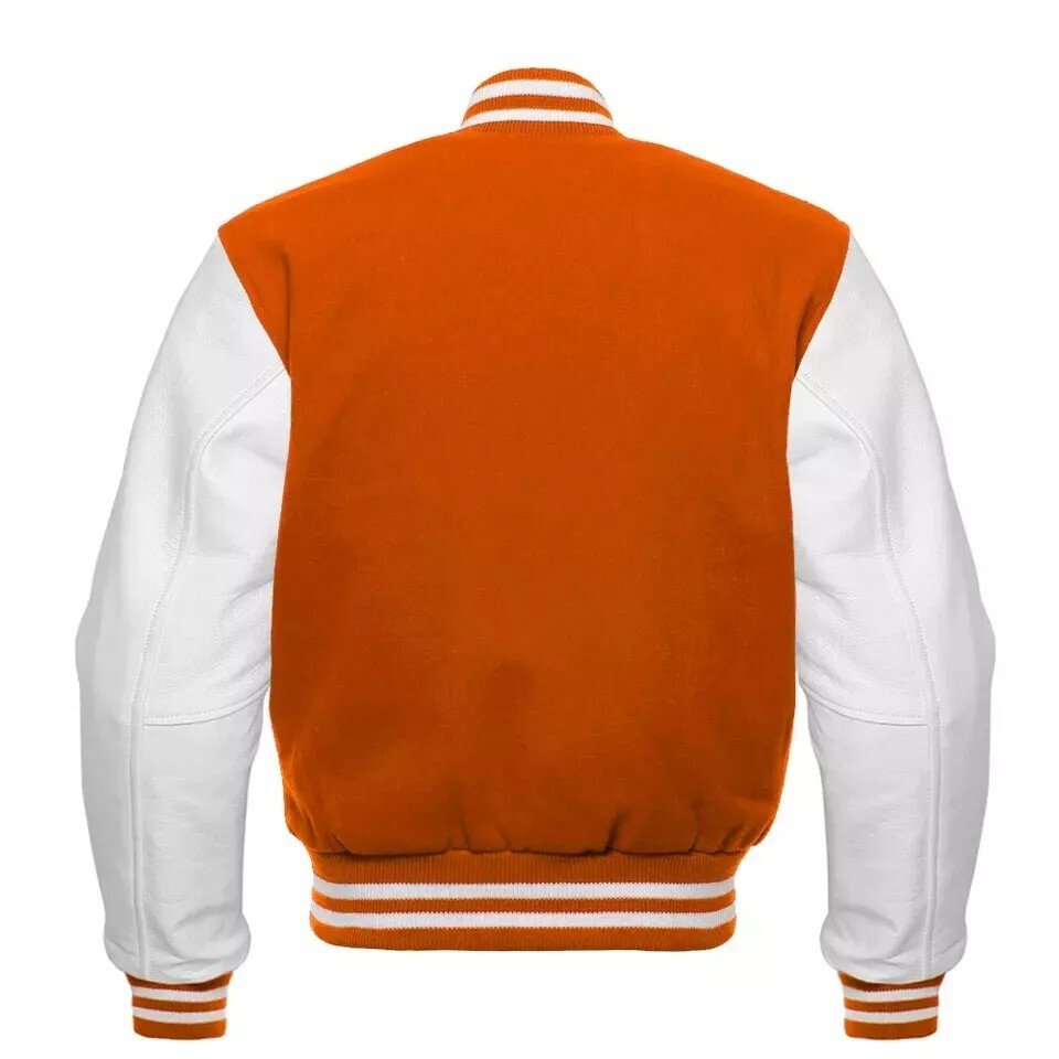Men Varsity Letterman Jacket Orange White Wool Blend Baseball Bomber Retro Style - Image 2