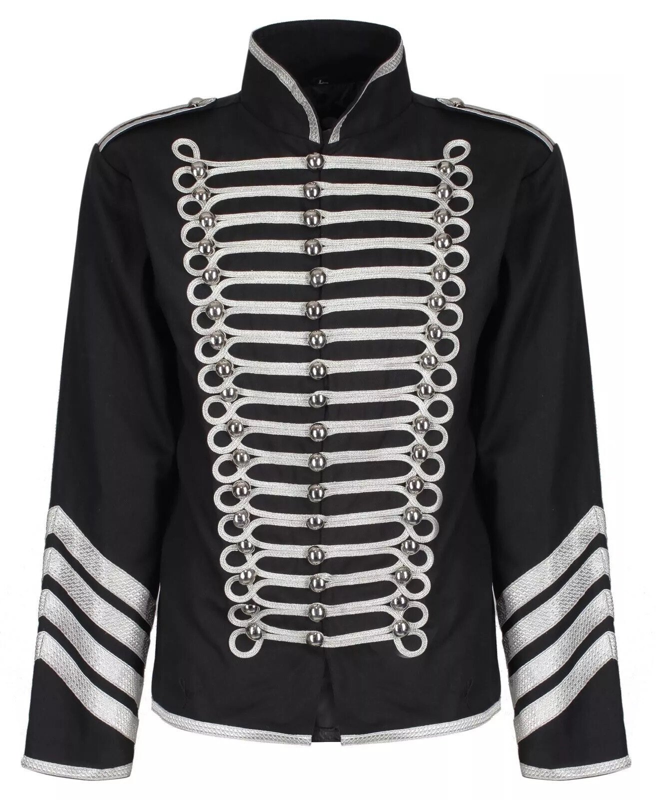 Men Black Silver Military Steampunk Napoleon Hussar Drummer Parade Jackets