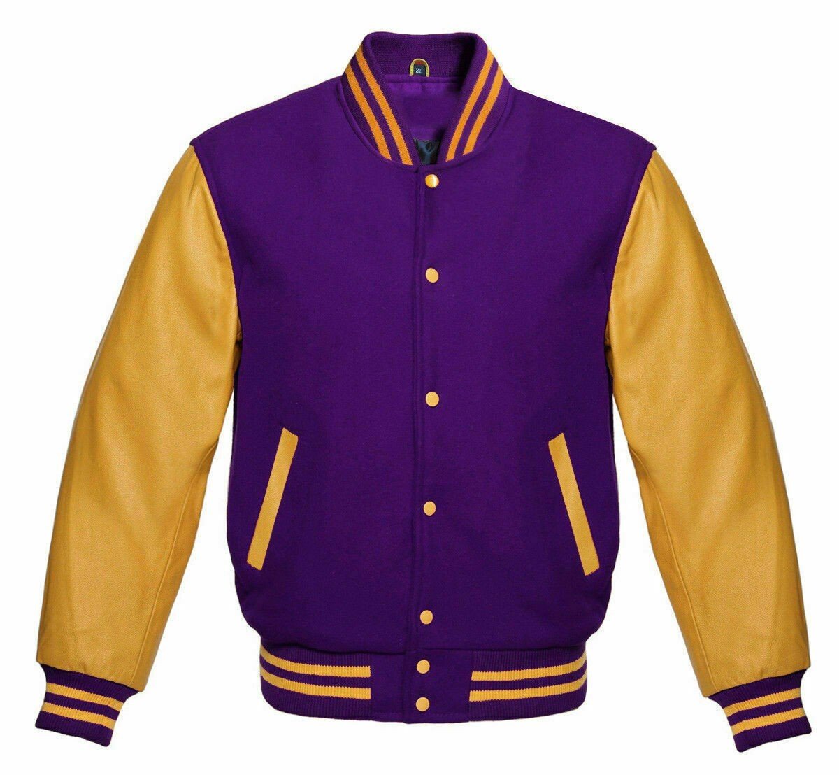 Men Varsity Letterman Jacket Purple/Yellow Wool Blend Bomber Retro Style
