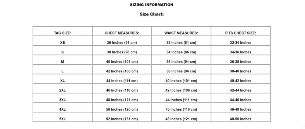 Sizing information graphic displaying tag sizes, garment chest and waist measurements in inches and centimeters, and fit guidance for men's gothic hussar jackets.