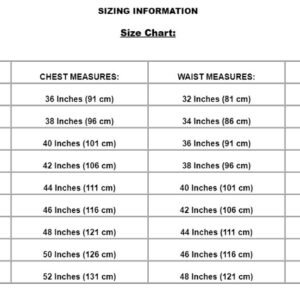 Sizing information graphic displaying tag sizes, garment chest and waist measurements in inches and centimeters, and fit guidance for men's gothic hussar jackets.