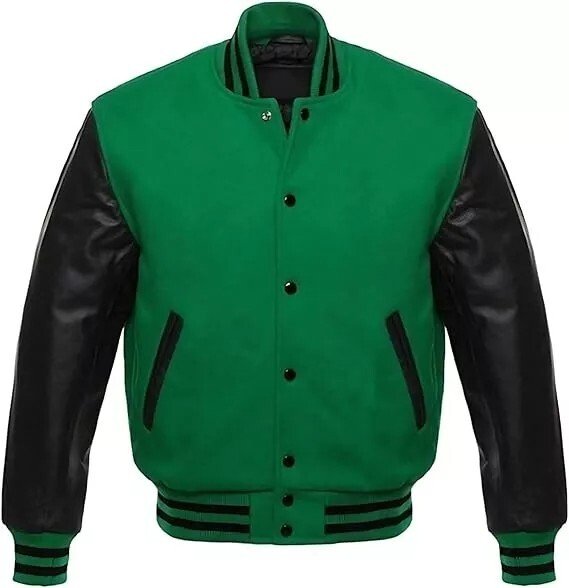 Men Varsity Letterman Jacket Green Black Wool Blend Baseball Bomber Retro Style