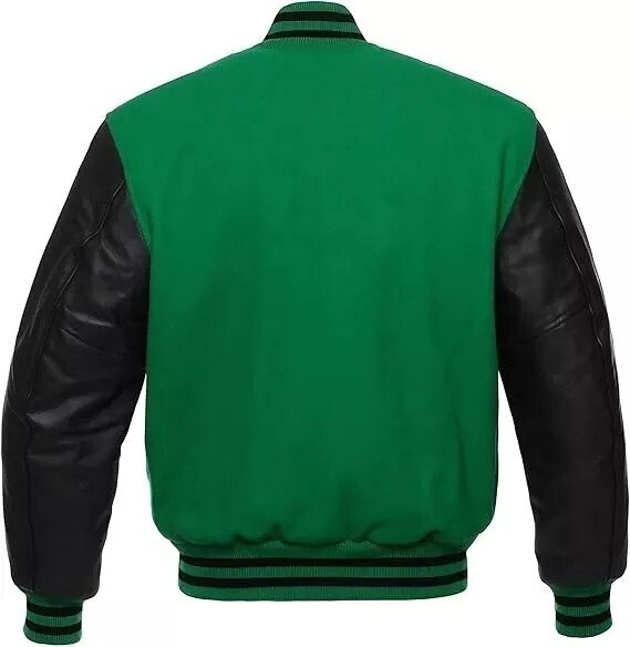 Men Varsity Letterman Jacket Green Black Wool Blend Baseball Bomber Retro Style - Image 2