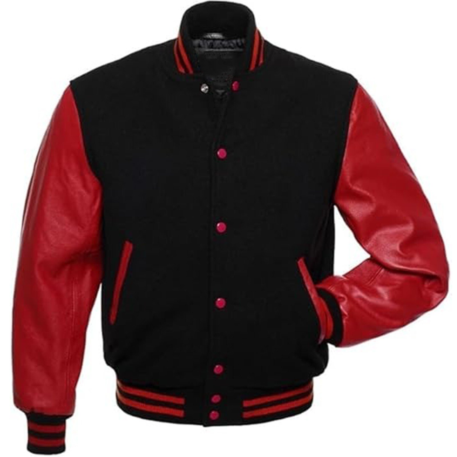 Men's Varsity Letterman Jacket Black Red Wool Blend Baseball Bomber Retro Style