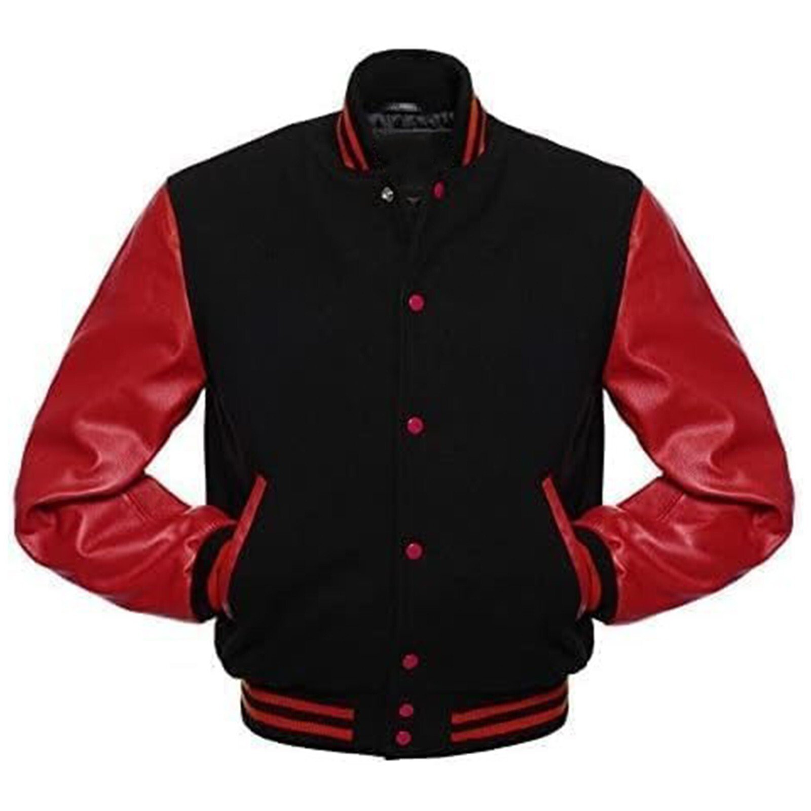 Men's Varsity Letterman Jacket Black Red Wool Blend Baseball Bomber Retro Style - Image 2