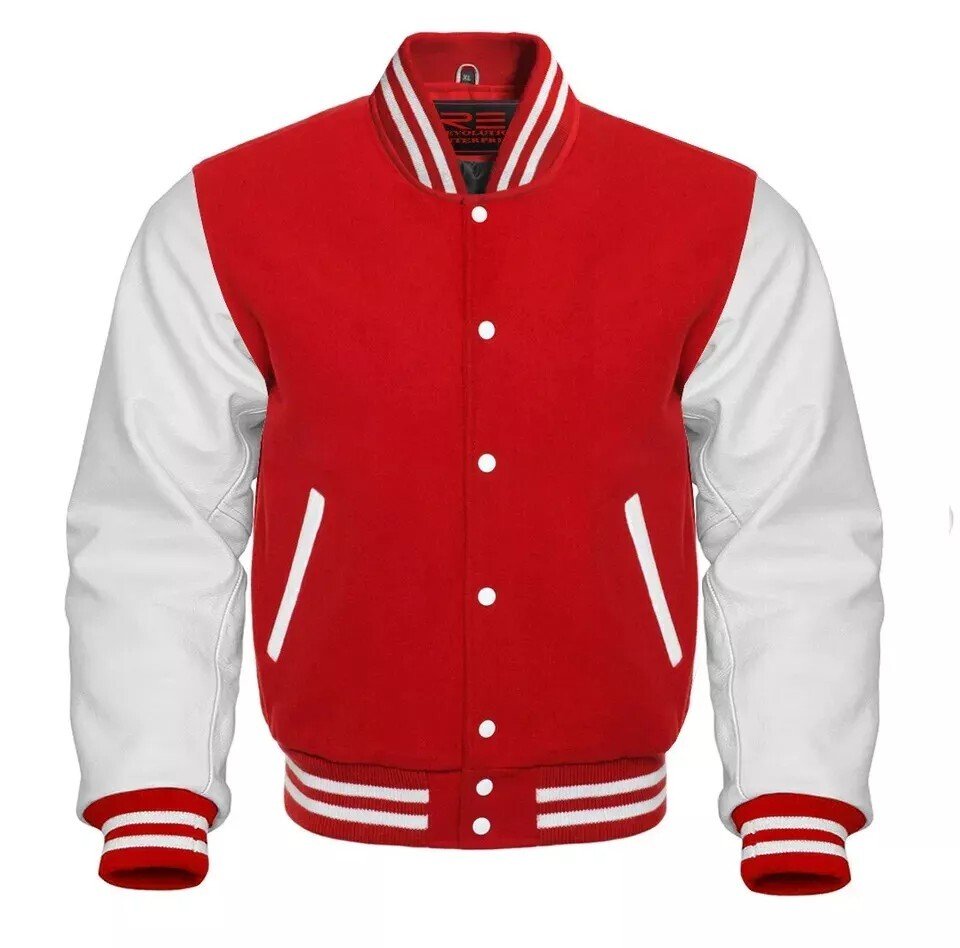 Men's Varsity Letterman Jacket Red White Wool Blend Baseball Bomber Retro Style