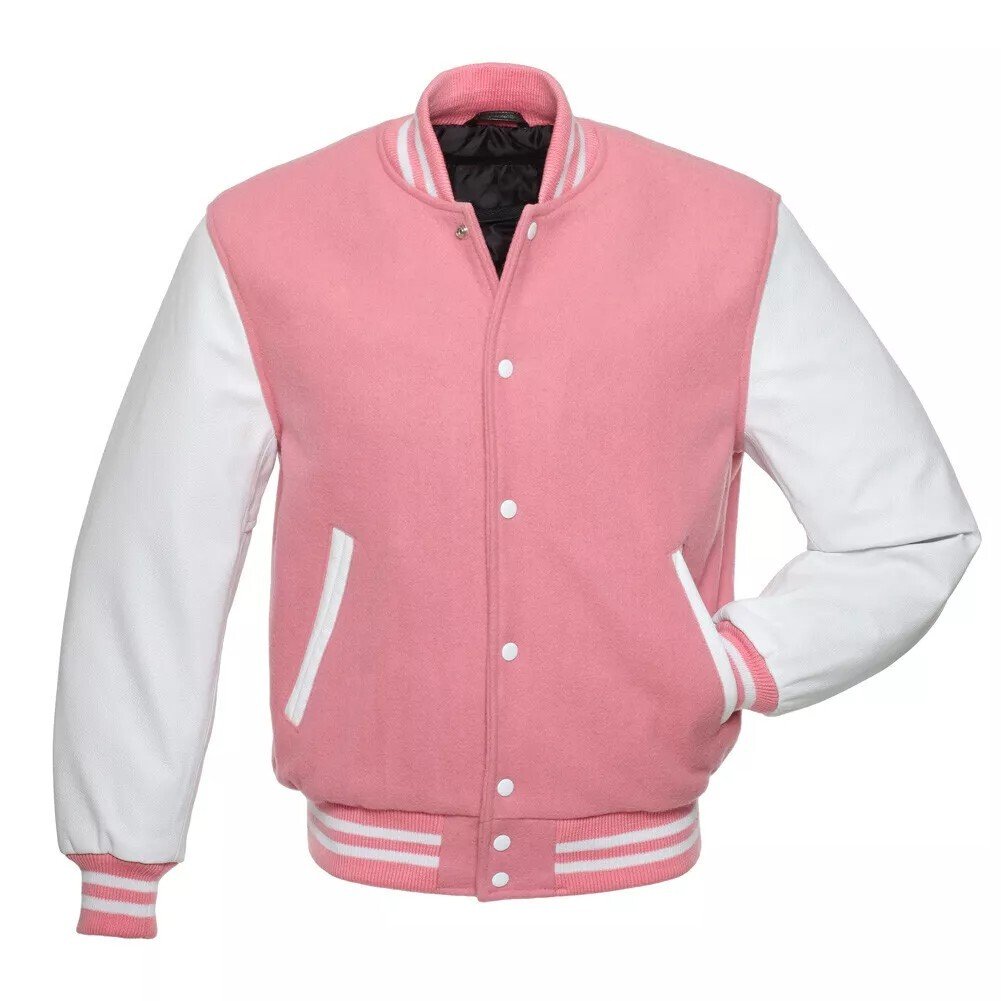 Men's Varsity Letterman Jacket Pink White Wool Blend Baseball Bomber Retro Style