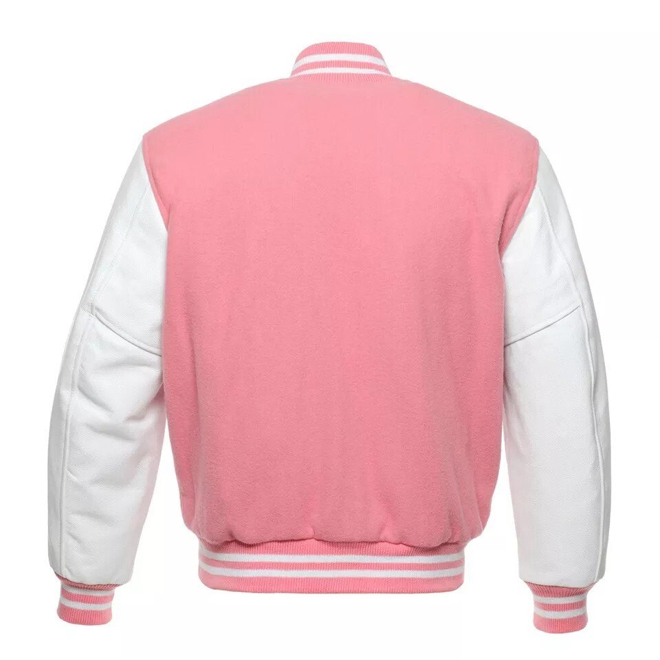 Men's Varsity Letterman Jacket Pink White Wool Blend Baseball Bomber Retro Style - Image 2