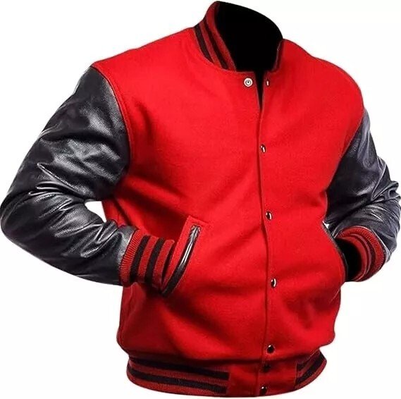 Men's Varsity Letterman Jacket Red Black Wool Blend Baseball Bomber Retro Style