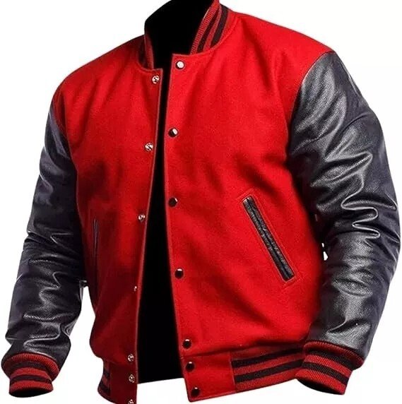 Men's Varsity Letterman Jacket Red Black Wool Blend Baseball Bomber Retro Style - Image 2