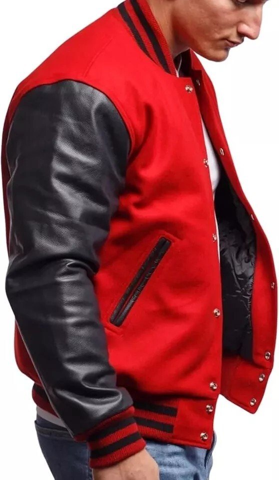 Men's Varsity Letterman Jacket Red Black Wool Blend Baseball Bomber Retro Style - Image 3