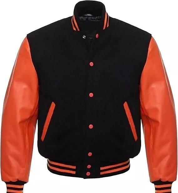 Men Varsity Letterman Jacket Black Orange Wool Blend Baseball Bomber Retro Style