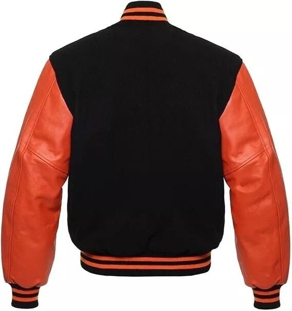 Men Varsity Letterman Jacket Black Orange Wool Blend Baseball Bomber Retro Style - Image 2