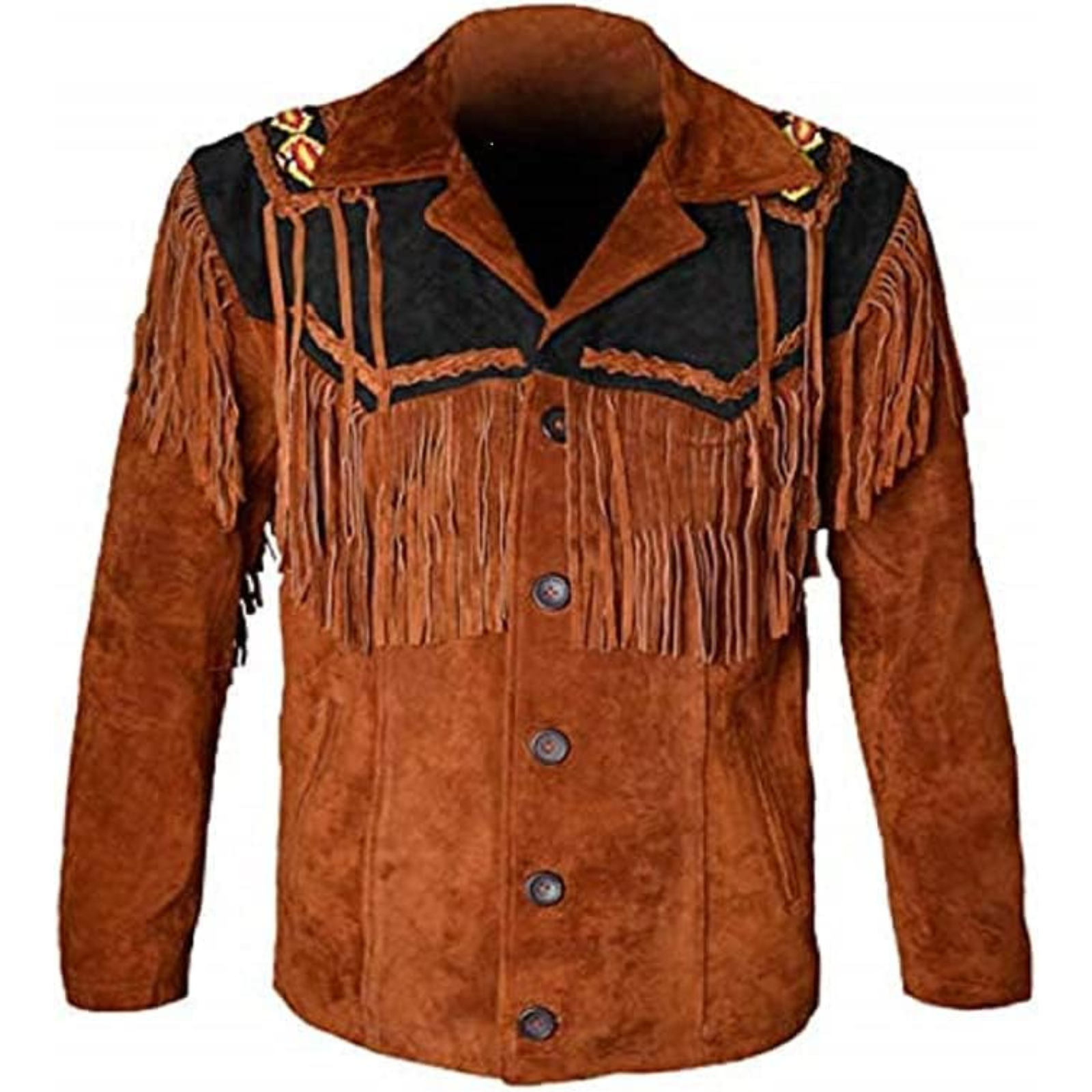New Brown Western Suede Leather Jacket Native American Cowboy Fringes & Beads