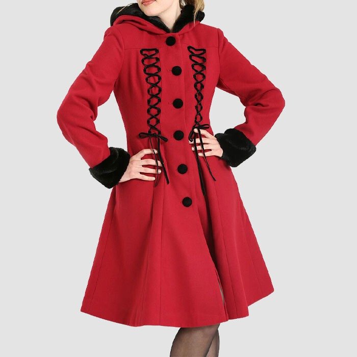 Women’s Red Gothic Hooded Winter Coat Vintage Wool Trench Jacket Faux Fur Cuffs