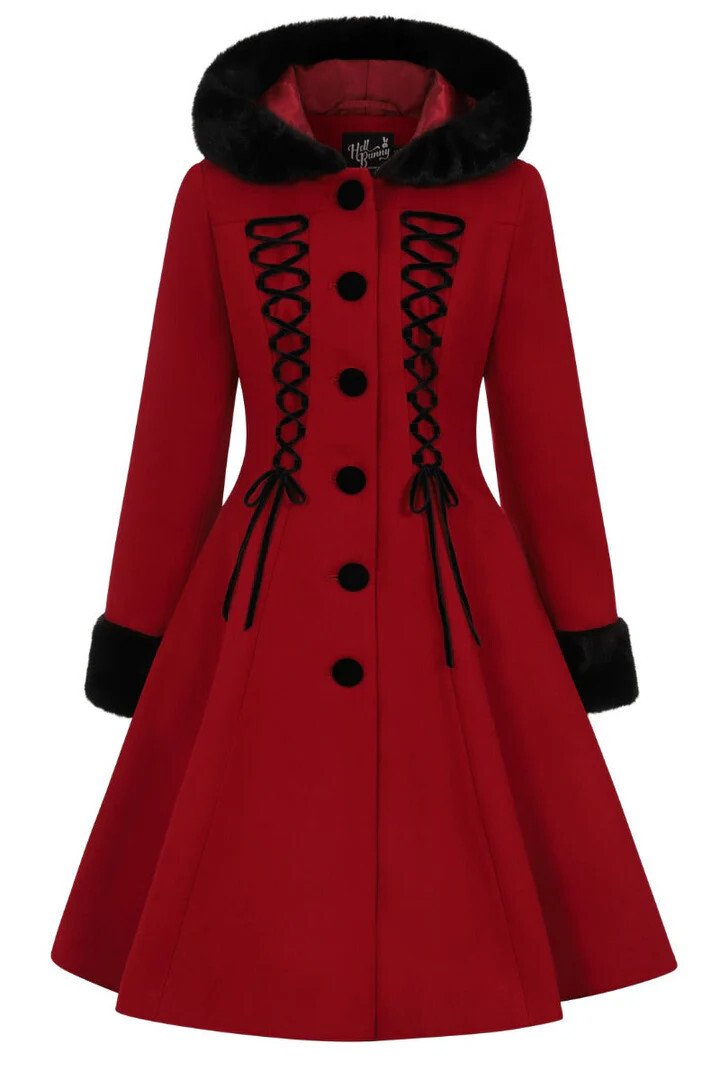 Women’s Red Gothic Hooded Winter Coat Vintage Wool Trench Jacket Faux Fur Cuffs - Image 2