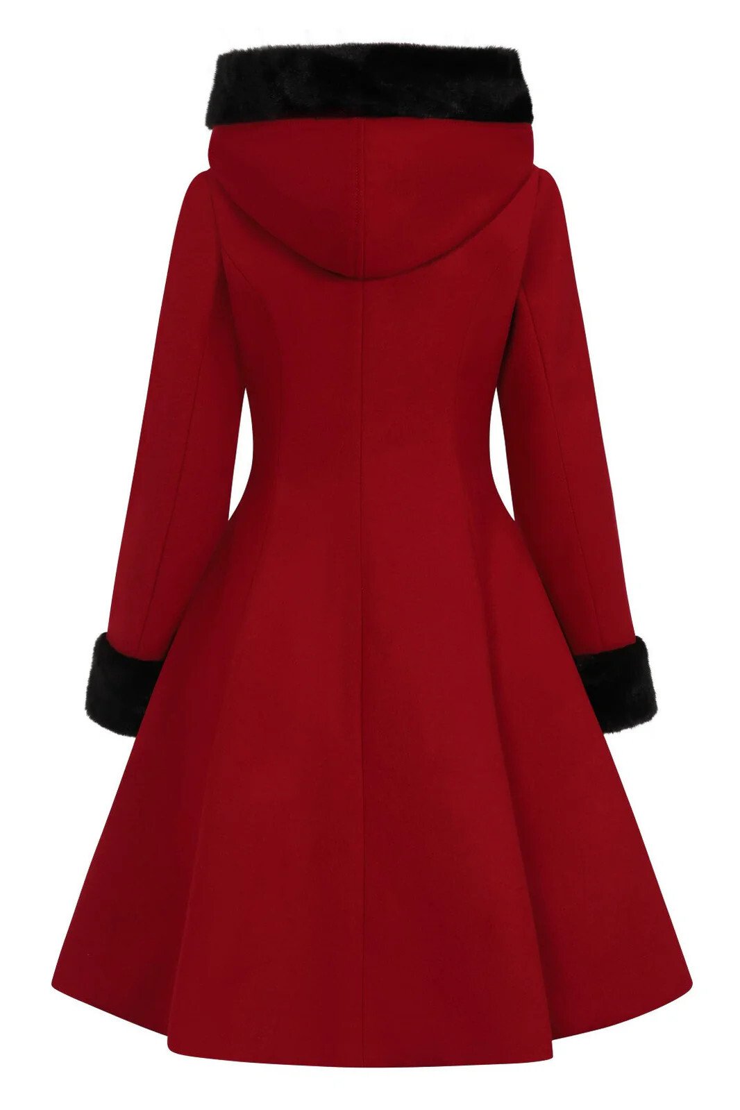 Women’s Red Gothic Hooded Winter Coat Vintage Wool Trench Jacket Faux Fur Cuffs - Image 3