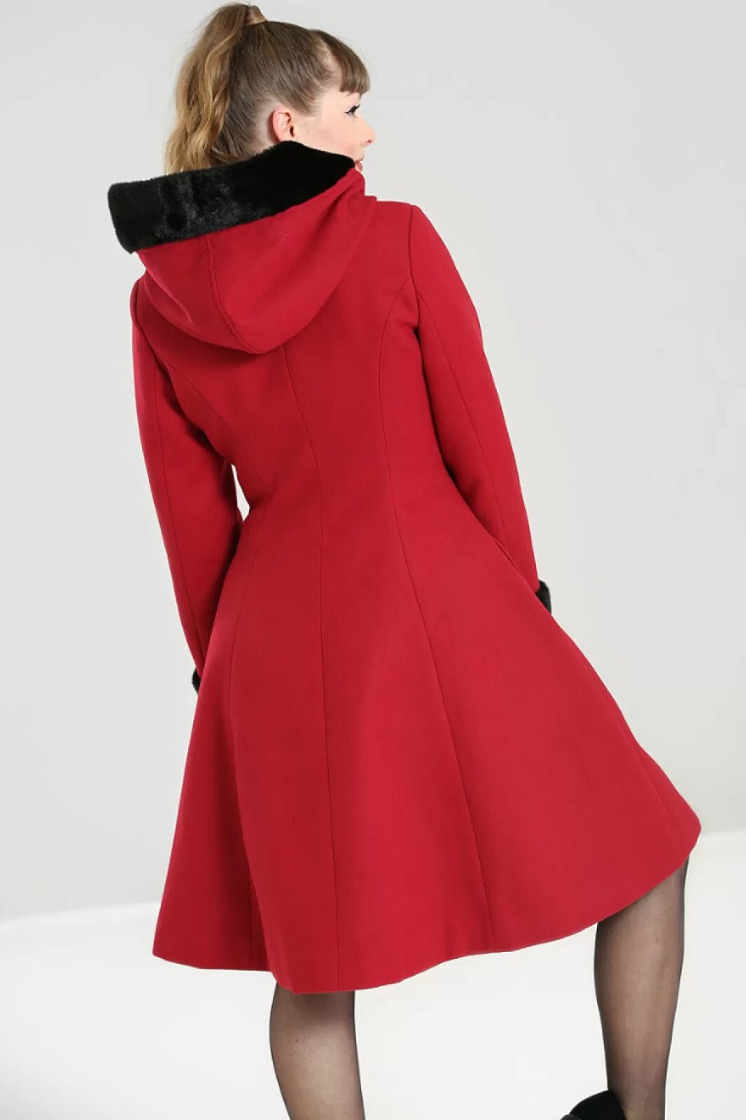 Women’s Red Gothic Hooded Winter Coat Vintage Wool Trench Jacket Faux Fur Cuffs - Image 4